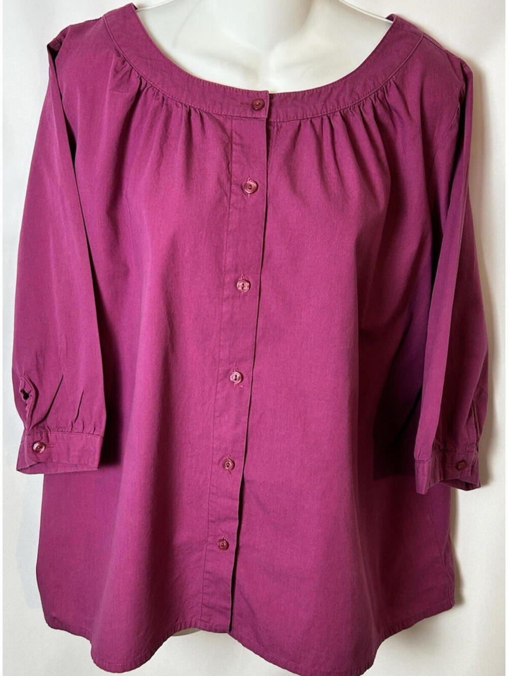 Denim & Co Women's 1X Button Front Top Purple Magenta 3/4 Sleeves